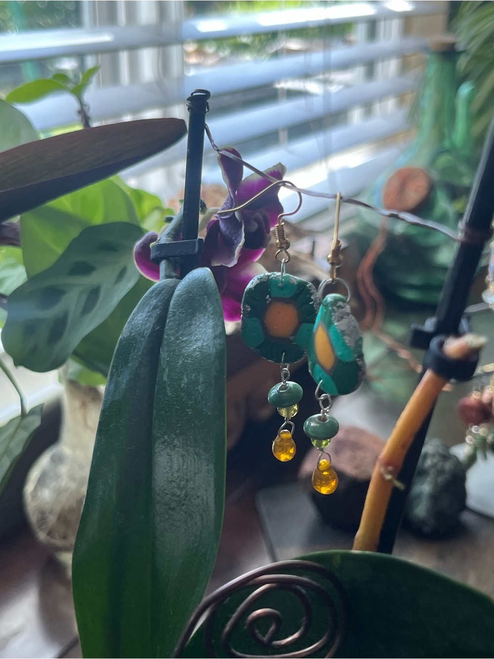 Handcrafted polymer clay Green and Yellow Drop Earrings - Women Jewelry